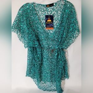 Fishnet Cardigan Top Sequin Green Sparkle Senda G New With Tags Size Large